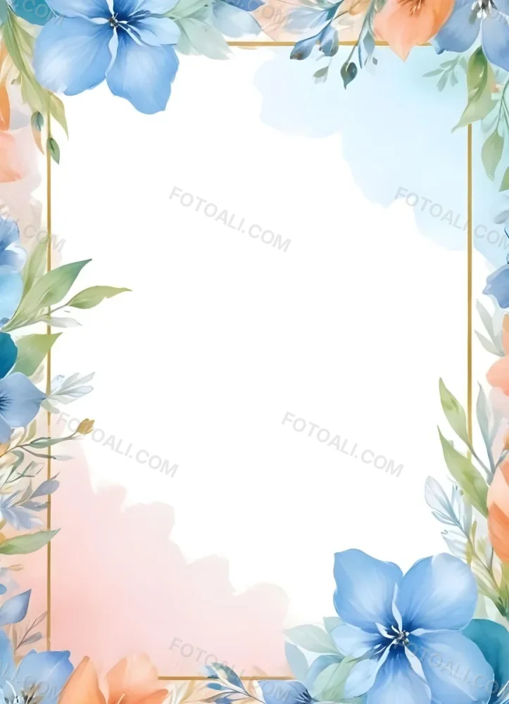 Oil Painting Watercolor Flowers In White And Blue Tones With Green Leaves Golden Frame On The Sides White Background Creative Extremely Detailed Brush Stroke 34 0231