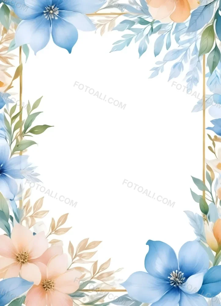 Oil Painting Watercolor Flowers In White And Blue Tones With Green Leaves Golden Frame On The Sides White Background Creative Extremely Detailed Brush Stroke 37 7012