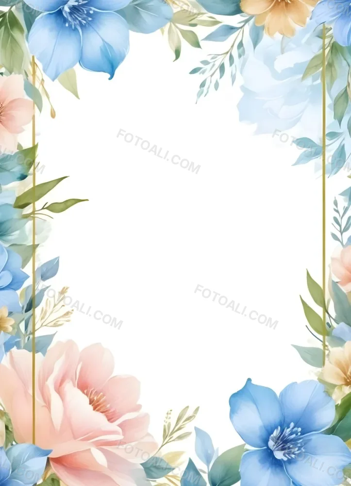 Oil Painting Watercolor Flowers In White And Blue Tones With Green Leaves Golden Frame On The Sides White Background Creative Extremely Detailed Brush Stroke 38 77ae