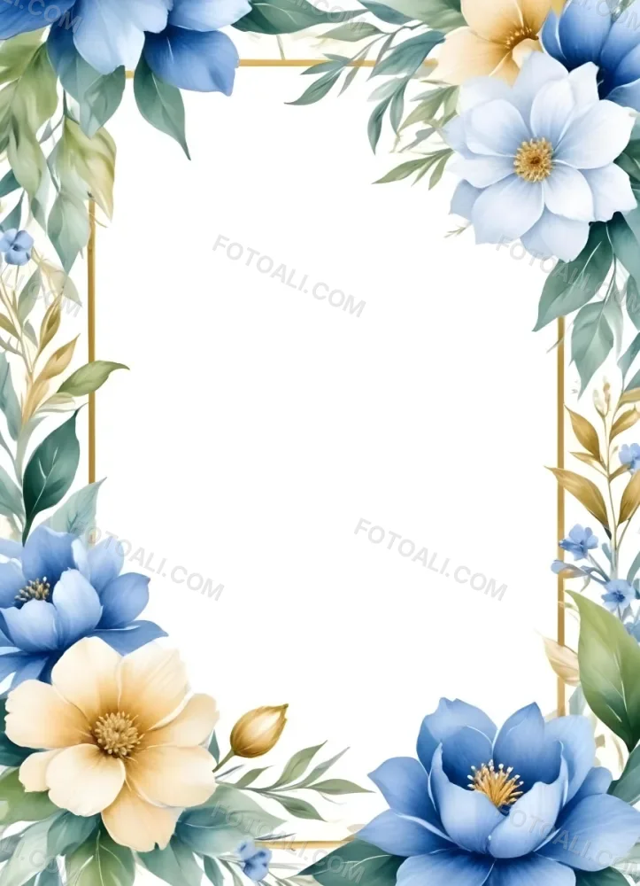 Oil Painting Watercolor Flowers In White And Blue Tones With Green Leaves Golden Frame On The Sides White Background Creative Extremely Detailed Brush Stroke 4 5ff2