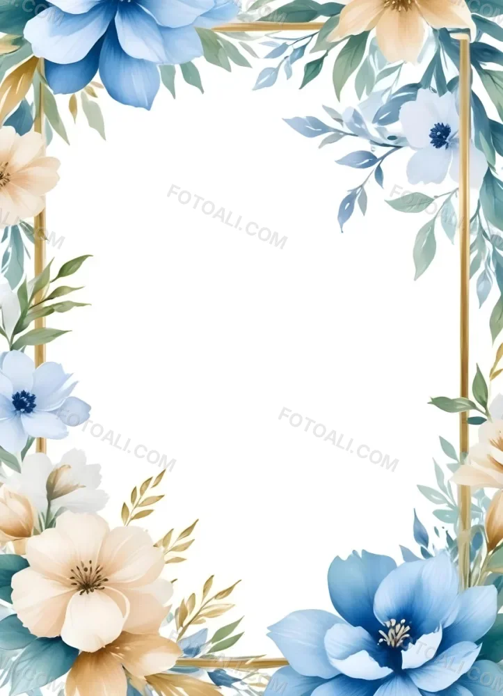 Oil Painting Watercolor Flowers In White And Blue Tones With Green Leaves Golden Frame On The Sides White Background Creative Extremely Detailed Brush Stroke 6 967a