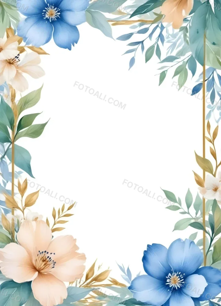 Oil Painting Watercolor Flowers In White And Blue Tones With Green Leaves Golden Frame On The Sides White Background Creative Extremely Detailed Brush Stroke 8 66b5