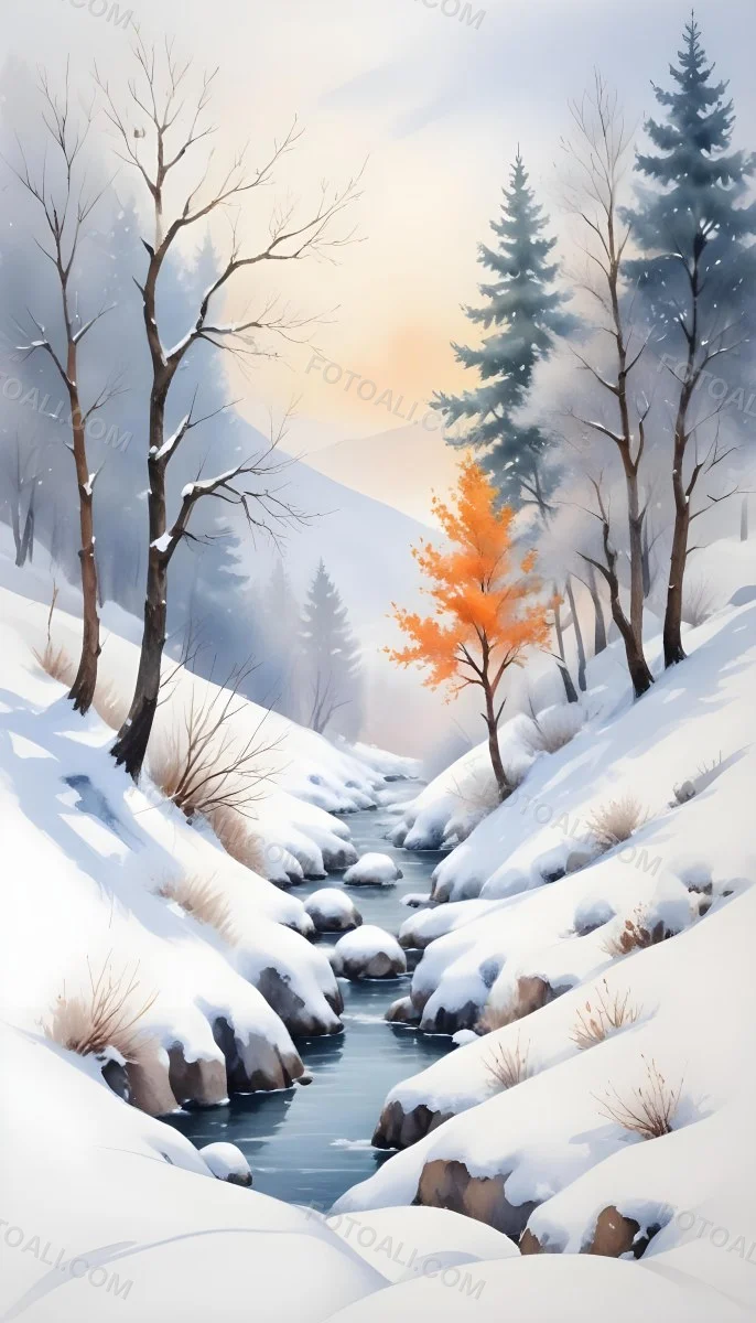 Oil Painting Winter Landscape With Snow Covered Hills And Snow Covered Trees Watercolor Style Soft Pastel Colors A Single Orange Tree Stands Out In The Foreground Soft Light In The Background Creative Extremely De 10 Bc6c