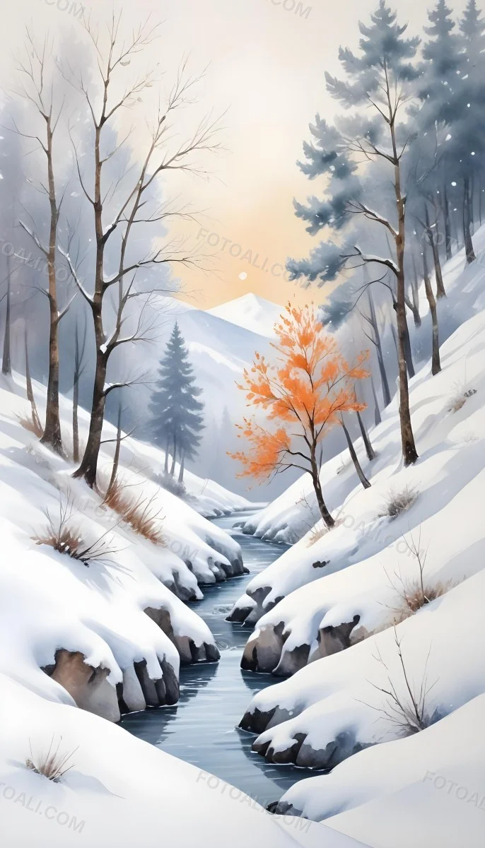 Oil Painting Winter Landscape With Snow Covered Hills And Snow Covered Trees Watercolor Style Soft Pastel Colors A Single Orange Tree Stands Out In The Foreground Soft Light In The Background Creative Extremely De 13 1c08