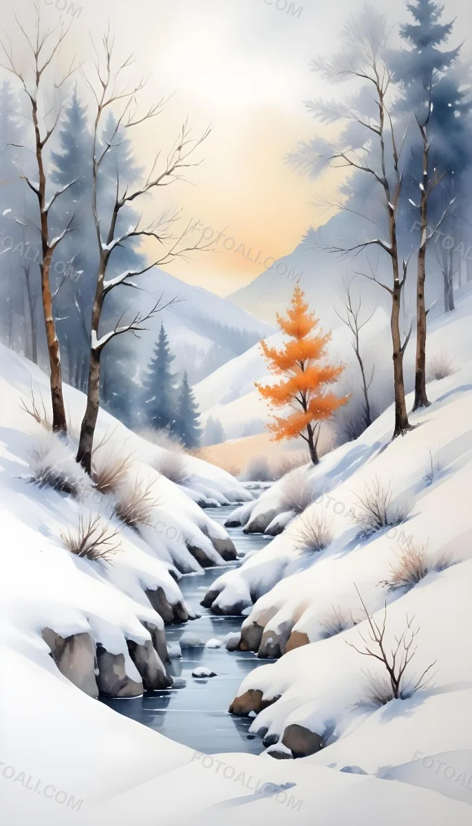 Oil Painting Winter Landscape With Snow Covered Hills And Snow Covered Trees Watercolor Style Soft Pastel Colors A Single Orange Tree Stands Out In The Foreground Soft Light In The Background Creative Extremely De 14 4751
