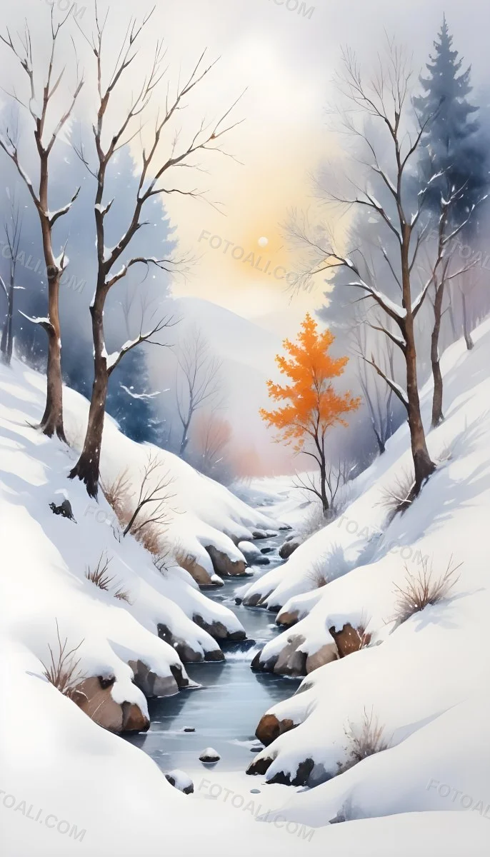 Oil Painting Winter Landscape With Snow Covered Hills And Snow Covered Trees Watercolor Style Soft Pastel Colors A Single Orange Tree Stands Out In The Foreground Soft Light In The Background Creative Extremely De 15 0038