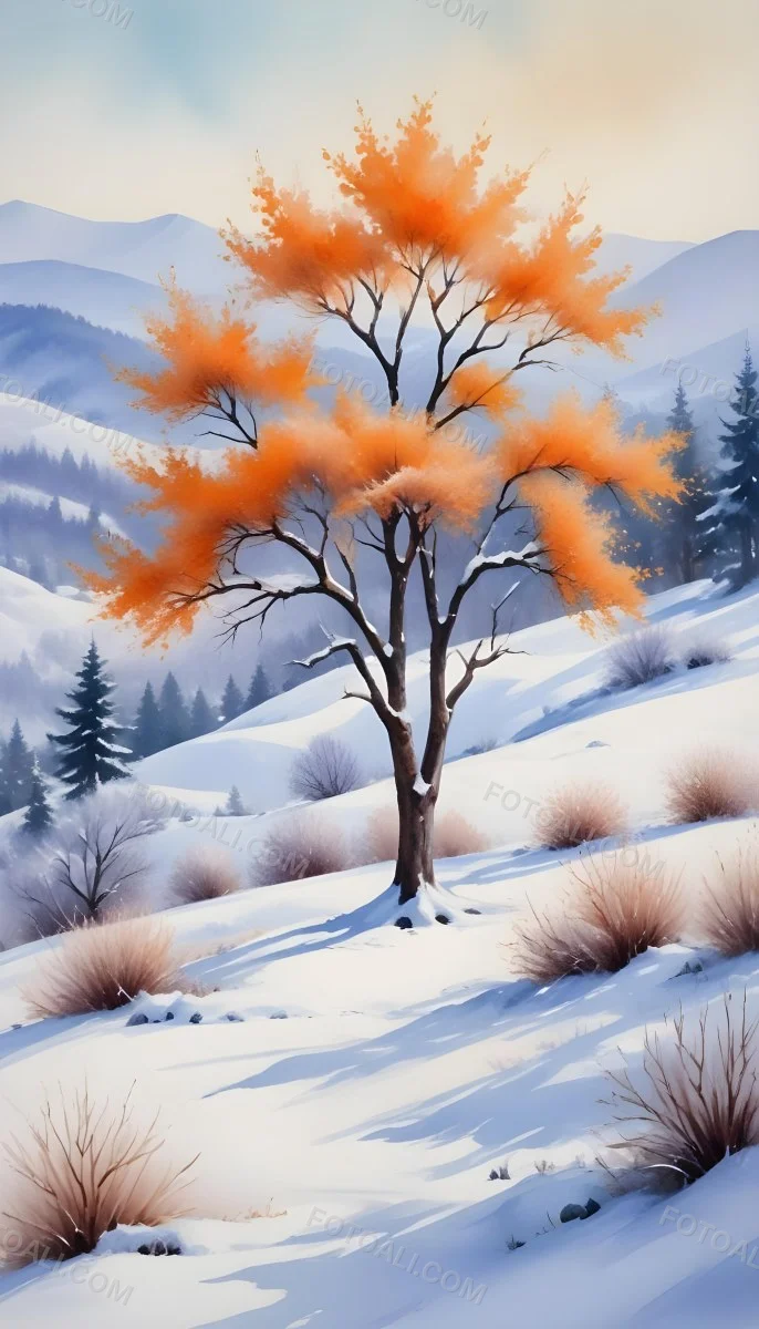 Oil Painting Winter Landscape With Snow Covered Hills And Snow Covered Trees Watercolor Style Soft Pastel Colors A Single Orange Tree Stands Out In The Foreground Soft Light In The Background Creative Extremely De 17 5546