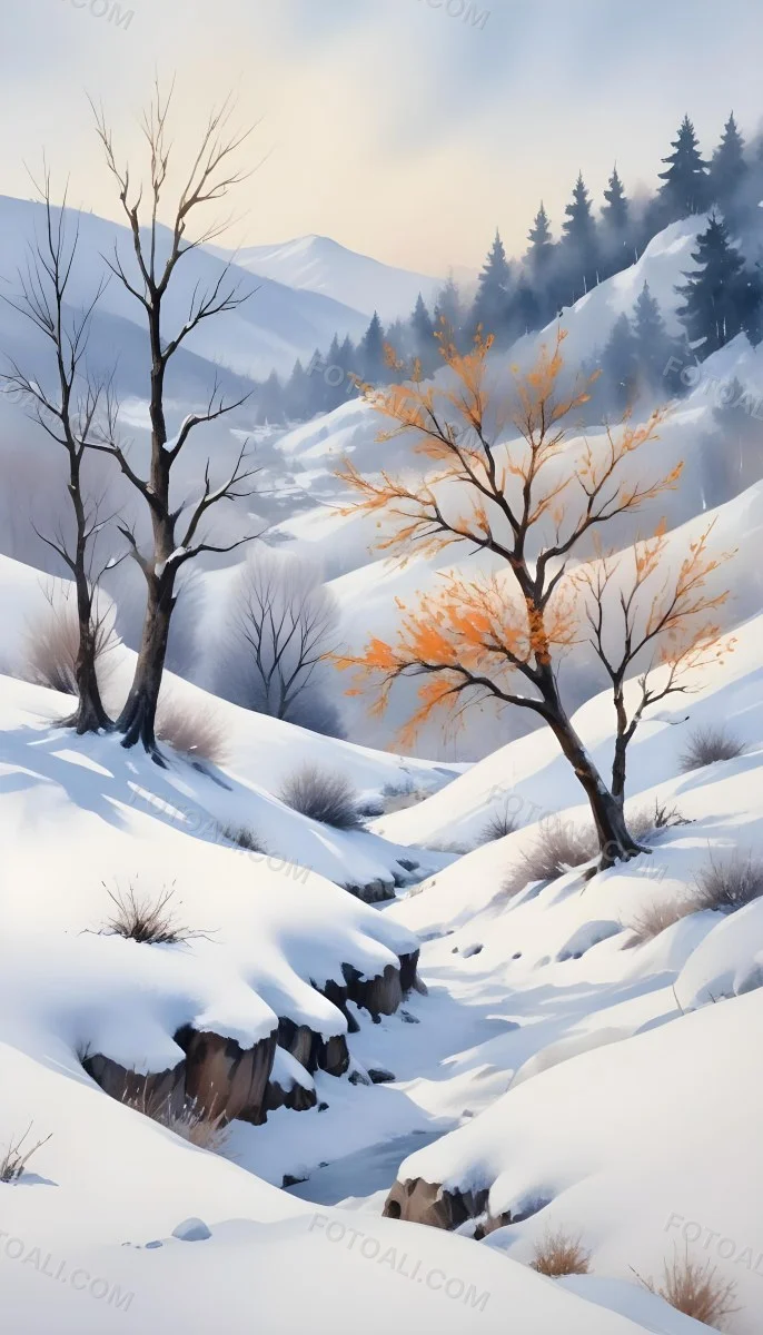 Oil Painting Winter Landscape With Snow Covered Hills And Snow Covered Trees Watercolor Style Soft Pastel Colors A Single Orange Tree Stands Out In The Foreground Soft Light In The Background Creative Extremely De 19 5006
