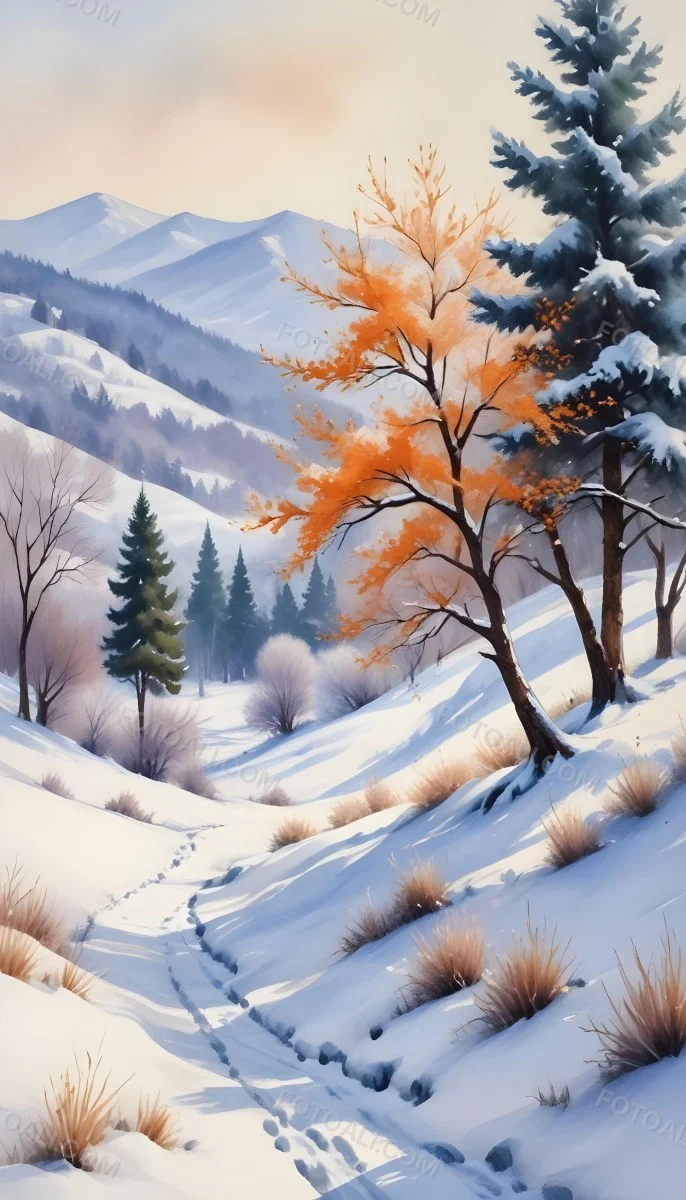 Oil Painting Winter Landscape With Snow Covered Hills And Snow Covered Trees Watercolor Style Soft Pastel Colors A Single Orange Tree Stands Out In The Foreground Soft Light In The Background Creative Extremely De 20 93bd
