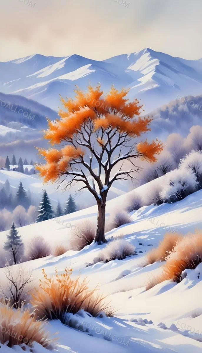 Oil Painting Winter Landscape With Snow Covered Hills And Snow Covered Trees Watercolor Style Soft Pastel Colors A Single Orange Tree Stands Out In The Foreground Soft Light In The Background Creative Extremely De 23 4feb