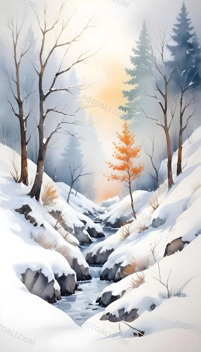 Oil Painting Winter Landscape With Snow Covered Hills And Snow Covered Trees Watercolor Style Soft Pastel Colors A Single Orange Tree Stands Out In The Foreground Soft Light In The Background Creative Extremely De 3 Ca0d