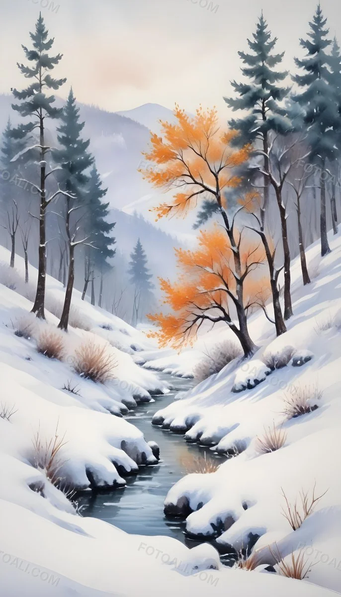 Oil Painting Winter Landscape With Snow Covered Hills And Snow Covered Trees Watercolor Style Soft Pastel Colors A Single Orange Tree Stands Out In The Foreground Soft Light In The Background Creative Extremely De 5 22e4