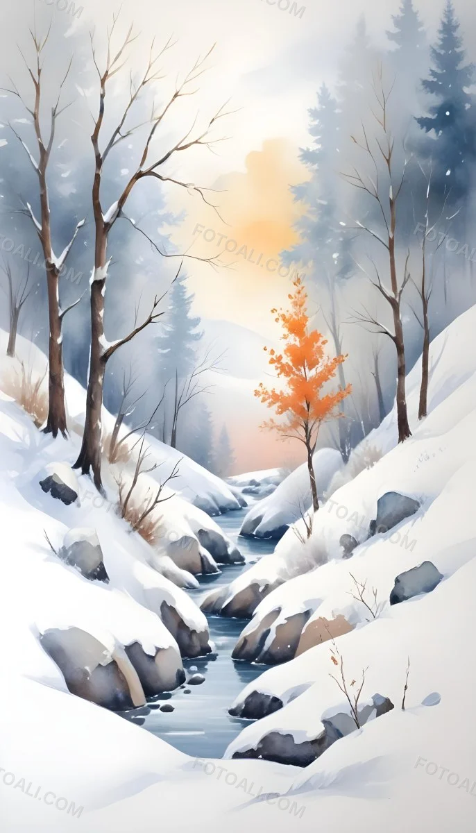 Oil Painting Winter Landscape With Snow Covered Hills And Snow Covered Trees Watercolor Style Soft Pastel Colors A Single Orange Tree Stands Out In The Foreground Soft Light In The Background Creative Extremely De 6 2756