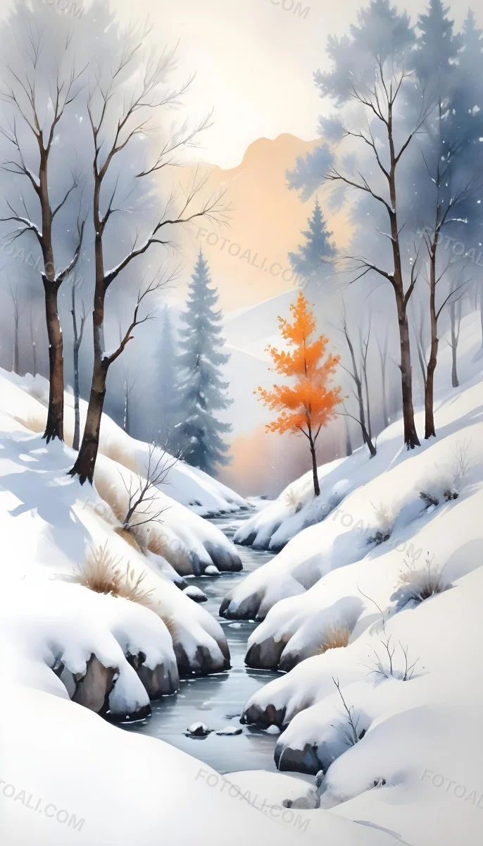 Oil Painting Winter Landscape With Snow Covered Hills And Snow Covered Trees Watercolor Style Soft Pastel Colors A Single Orange Tree Stands Out In The Foreground Soft Light In The Background Creative Extremely De 7 90ec