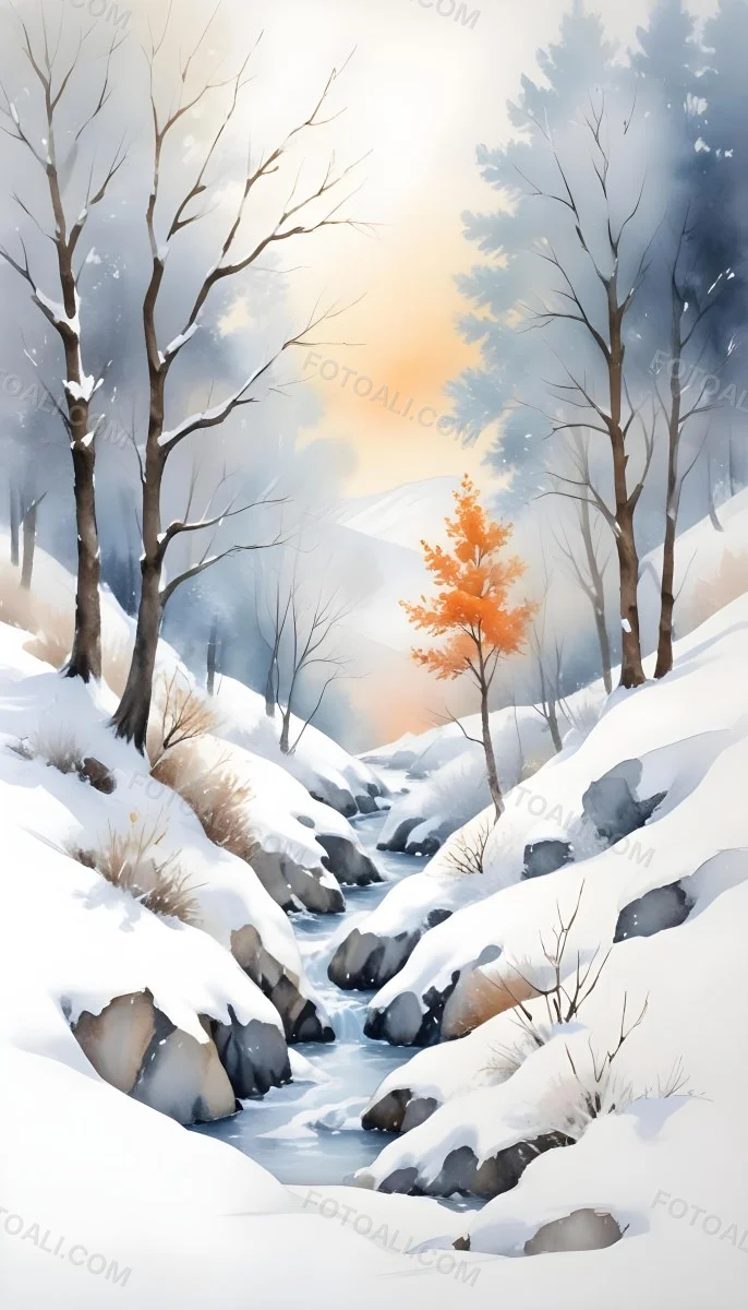Oil Painting Winter Landscape With Snow Covered Hills And Snow Covered Trees Watercolor Style Soft Pastel Colors A Single Orange Tree Stands Out In The Foreground Soft Light In The Background Creative Extremely De 8 683e