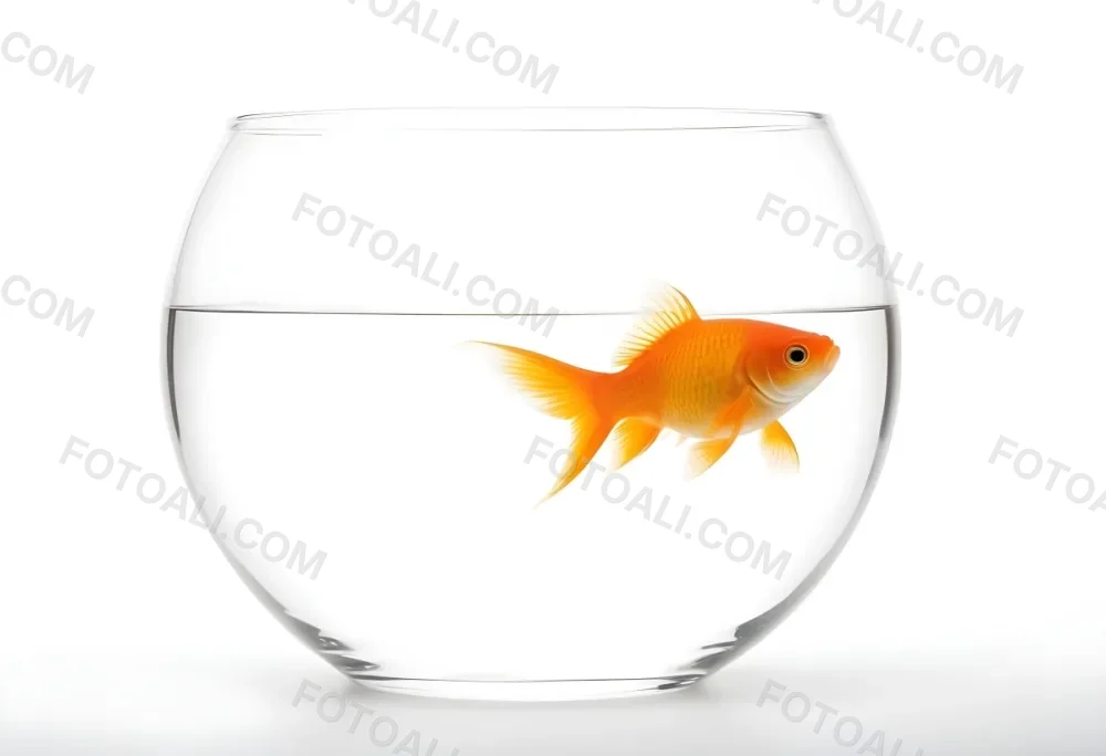 Orange Goldfish Swimming In A Clear Glass Bowl Filled With Water Set Against A Bright White Background 3 7903