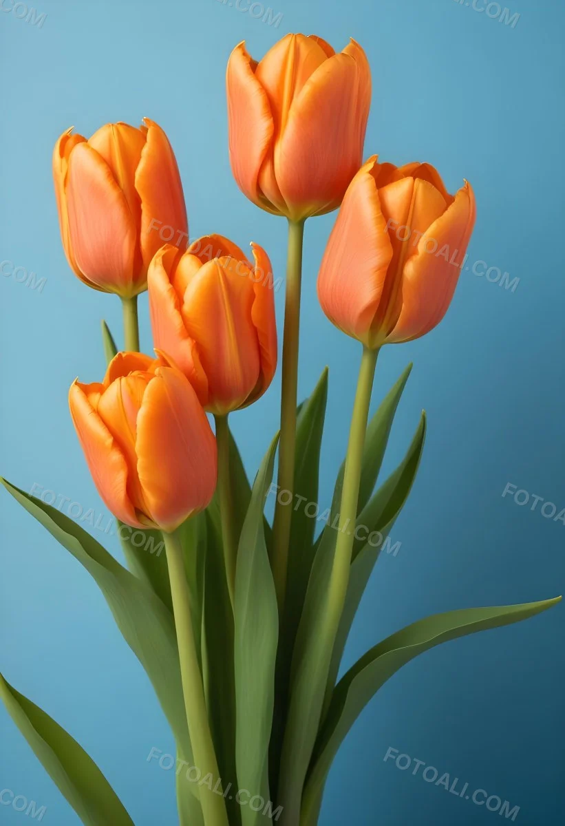 Orange Tulips With Green Stems Against A Blue Background 15 4b94