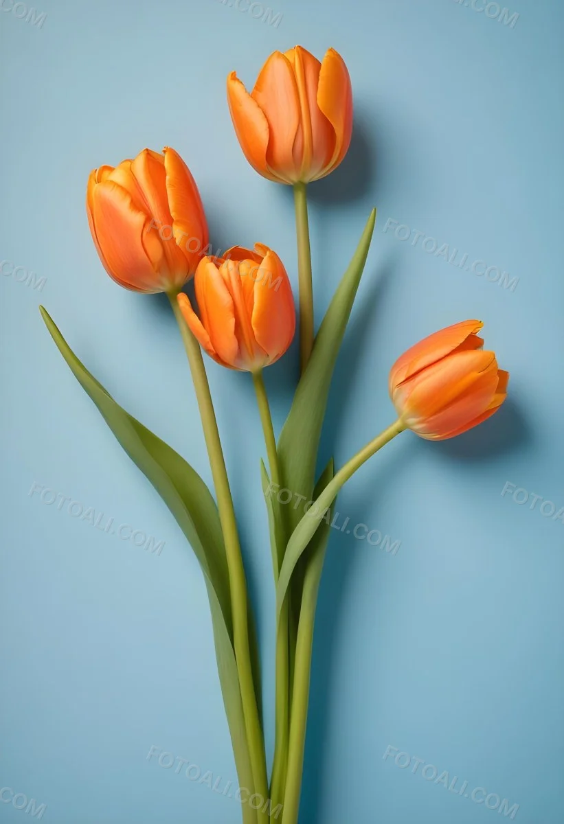 Orange Tulips With Green Stems Against A Blue Background 22 6e31