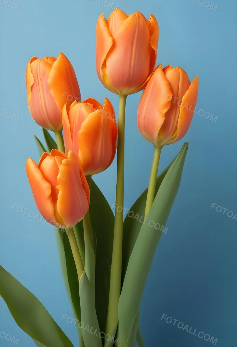Orange Tulips With Green Stems Against A Blue Background 23 0163