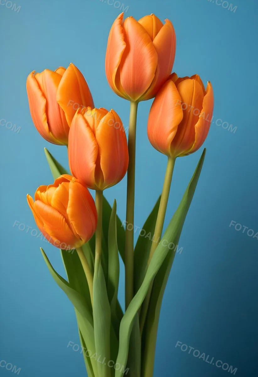 Orange Tulips With Green Stems Against A Blue Background 24 1c2c