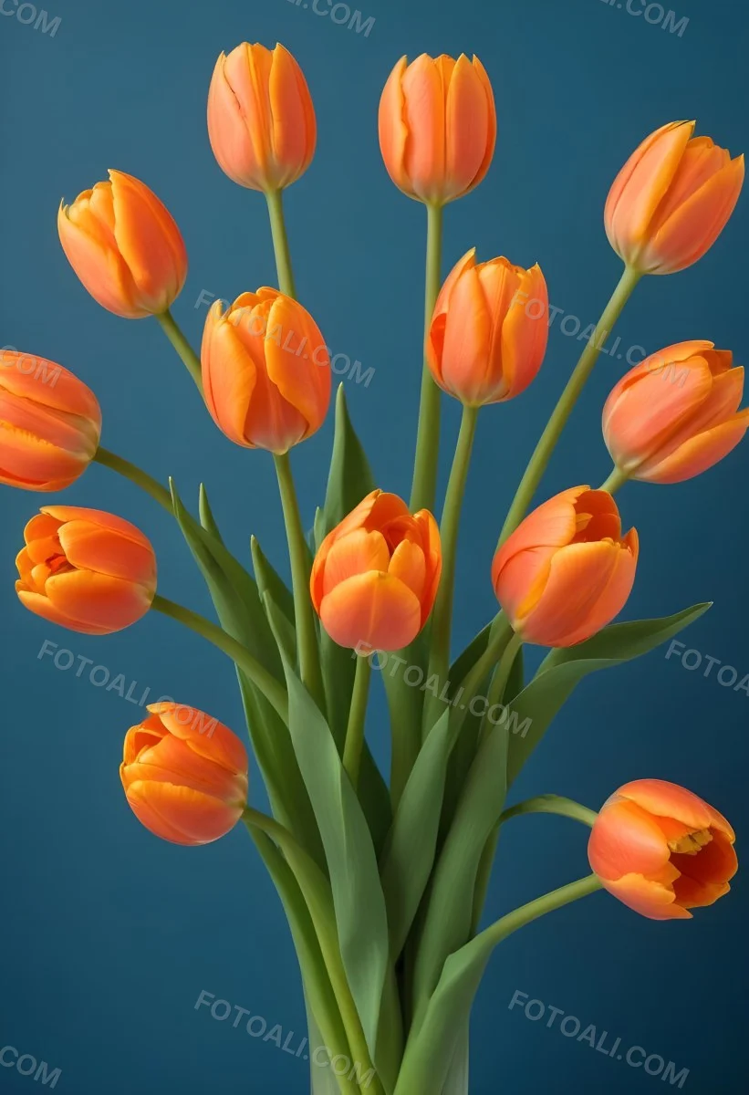 Orange Tulips With Green Stems Against A Blue Background 25 9897