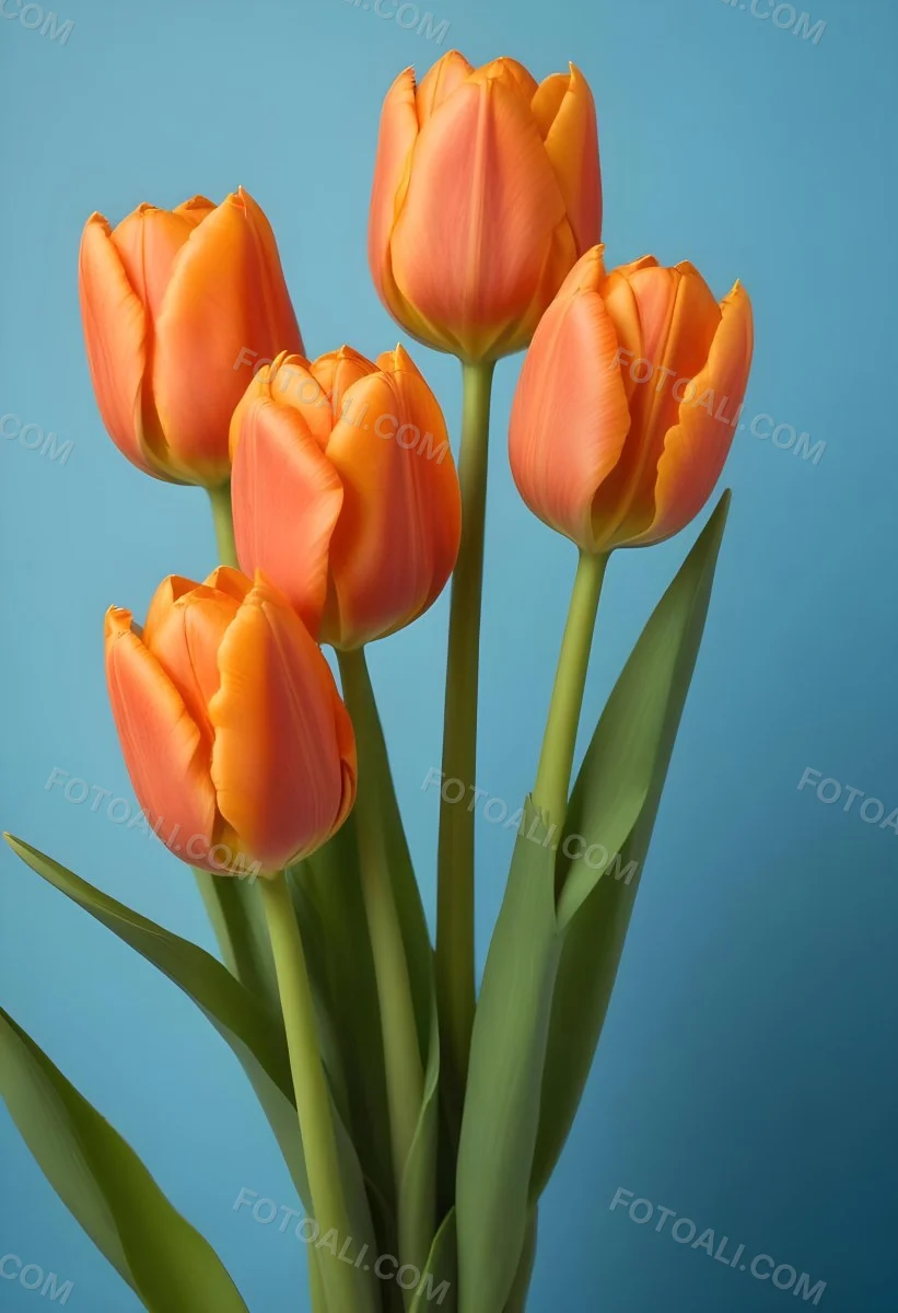 Orange Tulips With Green Stems Against A Blue Background 26 F2a4