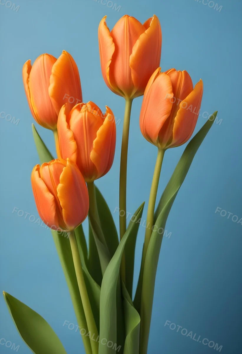 Orange Tulips With Green Stems Against A Blue Background 27 243f
