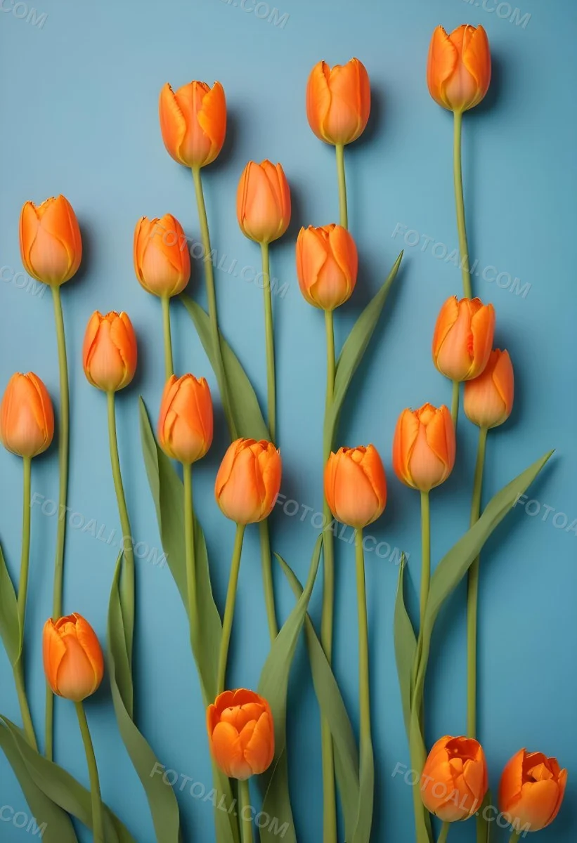 Orange Tulips With Green Stems Against A Blue Background 4 A1b3