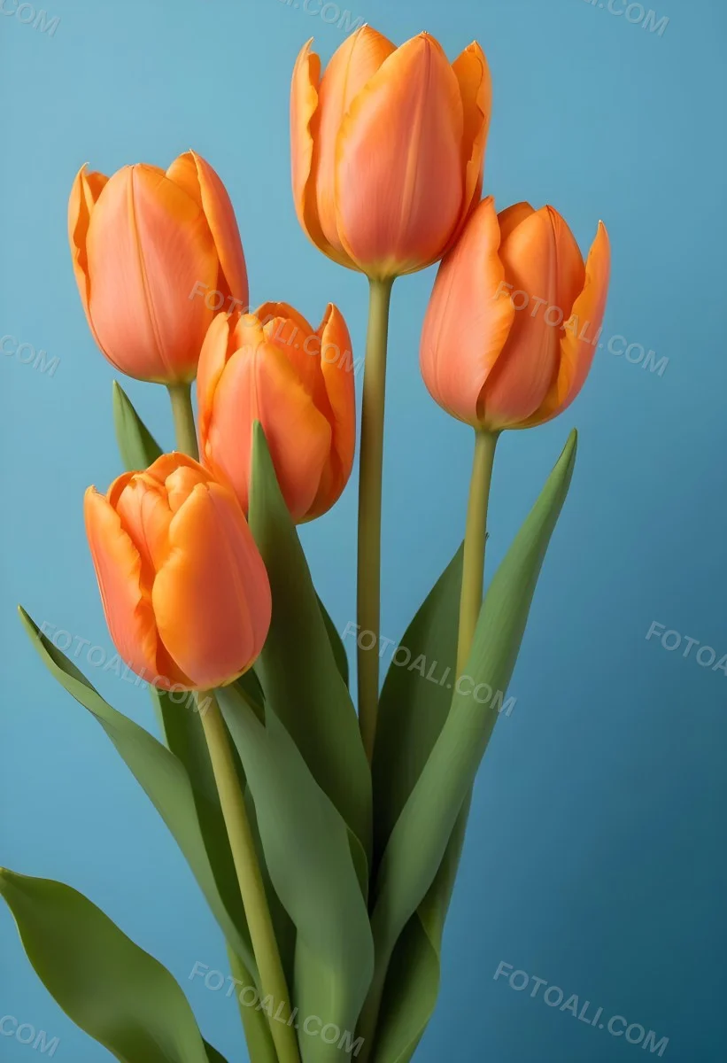 Orange Tulips With Green Stems Against A Blue Background 5 11e5