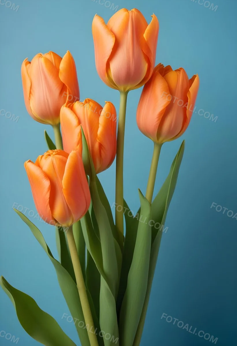 Orange Tulips With Green Stems Against A Blue Background 7 960b