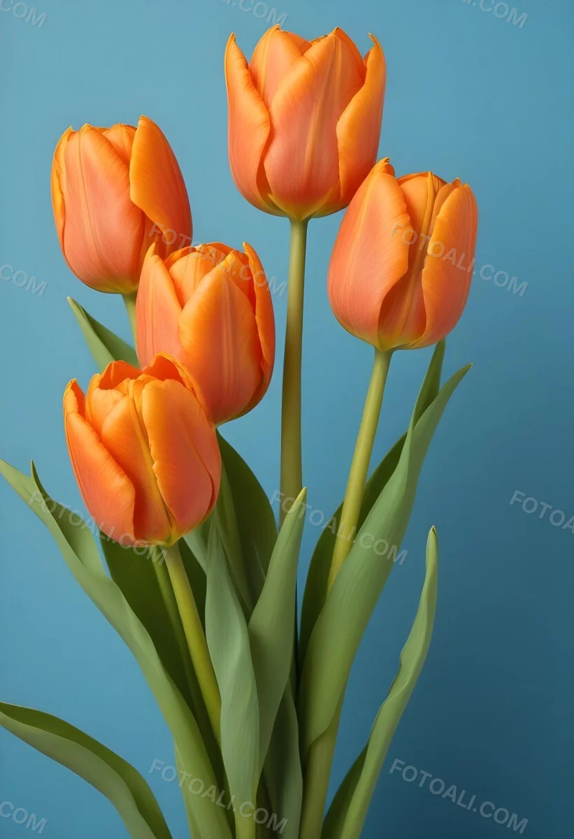 Orange Tulips With Green Stems Against A Blue Background 9 D2af