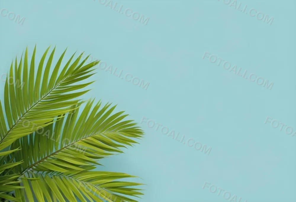 Palm Leaves In The Left Corner Vibrant Green Fronds With Intricate Details Against A Light Blue Background Tropical Vibe Minimalist Composition Bright And Airy 14 87e8