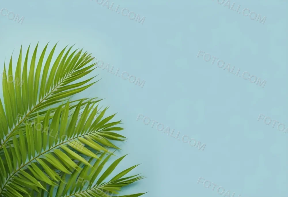 Palm Leaves In The Left Corner Vibrant Green Fronds With Intricate Details Against A Light Blue Background Tropical Vibe Minimalist Composition Bright And Airy 19 E6c6