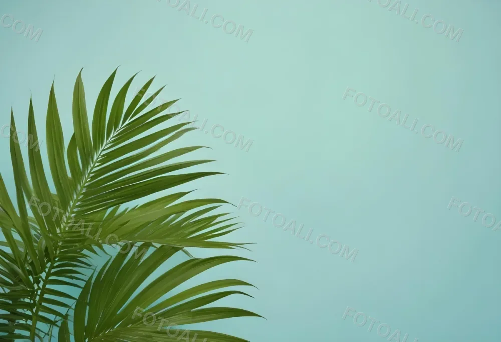 Palm Leaves In The Left Corner Vibrant Green Fronds With Intricate Details Against A Light Blue Background Tropical Vibe Minimalist Composition Bright And Airy 37 5218