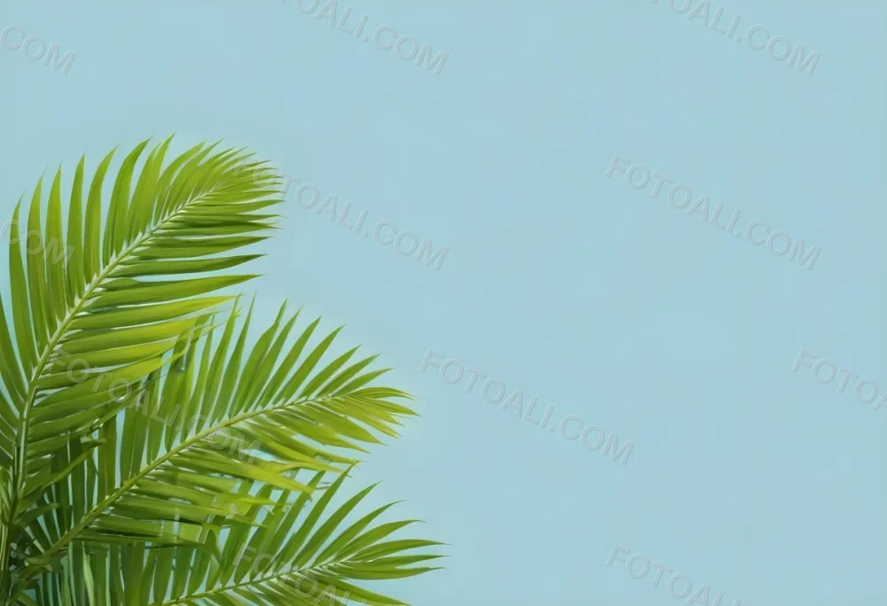 Palm Leaves In The Left Corner Vibrant Green Fronds With Intricate Details Against A Light Blue Background Tropical Vibe Minimalist Composition Bright And Airy 38 D525