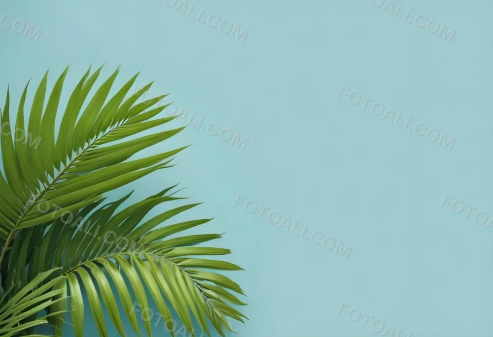 Palm Leaves In The Left Corner Vibrant Green Fronds With Intricate Details Against A Light Blue Background Tropical Vibe Minimalist Composition Bright And Airy 4 Fa8e