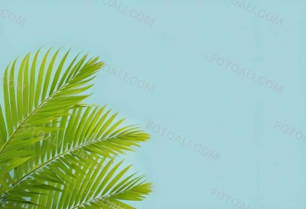 Palm Leaves In The Left Corner Vibrant Green Fronds With Intricate Details Against A Light Blue Background Tropical Vibe Minimalist Composition Bright And Airy 40 A259