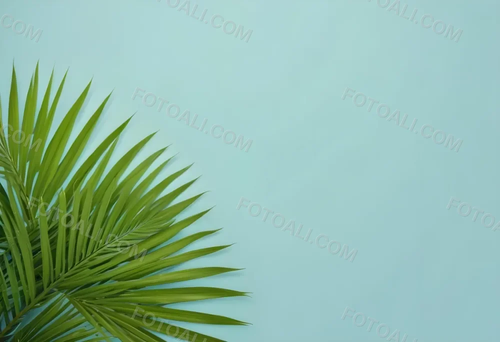 Palm Leaves In The Left Corner Vibrant Green Fronds With Intricate Details Against A Light Blue Background Tropical Vibe Minimalist Composition Bright And Airy 41 501f