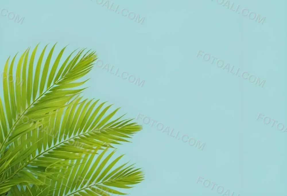 Palm Leaves In The Left Corner Vibrant Green Fronds With Intricate Details Against A Light Blue Background Tropical Vibe Minimalist Composition Bright And Airy 42 1a19