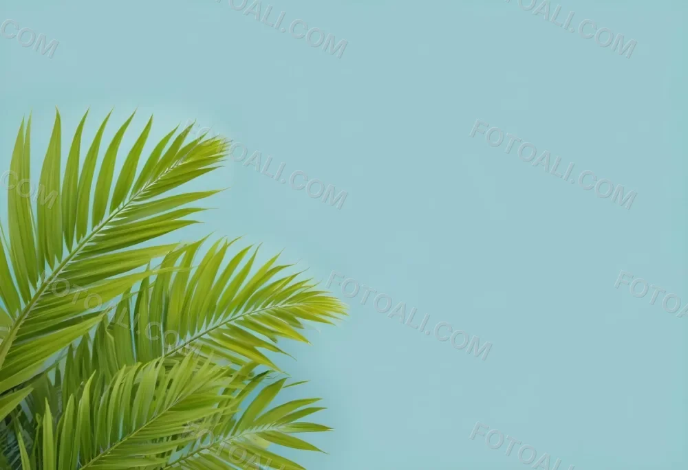 Palm Leaves In The Left Corner Vibrant Green Fronds With Intricate Details Against A Light Blue Background Tropical Vibe Minimalist Composition Bright And Airy 43 64ef