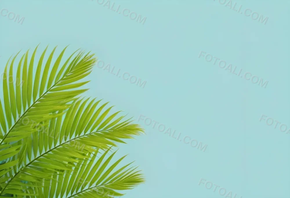 Palm Leaves In The Left Corner Vibrant Green Fronds With Intricate Details Against A Light Blue Background Tropical Vibe Minimalist Composition Bright And Airy 5 2c0b