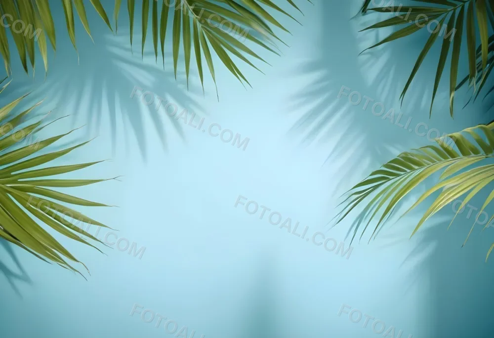 Palm Leaves On The Corners With A Shadow Of Palm Leaves In A Blue Background 7 7045