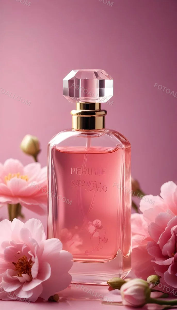 Perfume Bottle With Pink Liquid And Flowers Inside Pink Flowers Around The Bottle Pink Background 12 Fb32