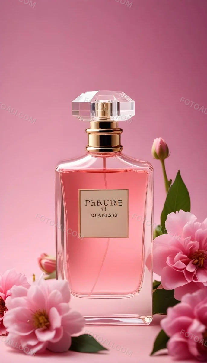 Perfume Bottle With Pink Liquid And Flowers Inside Pink Flowers Around The Bottle Pink Background 13 A317