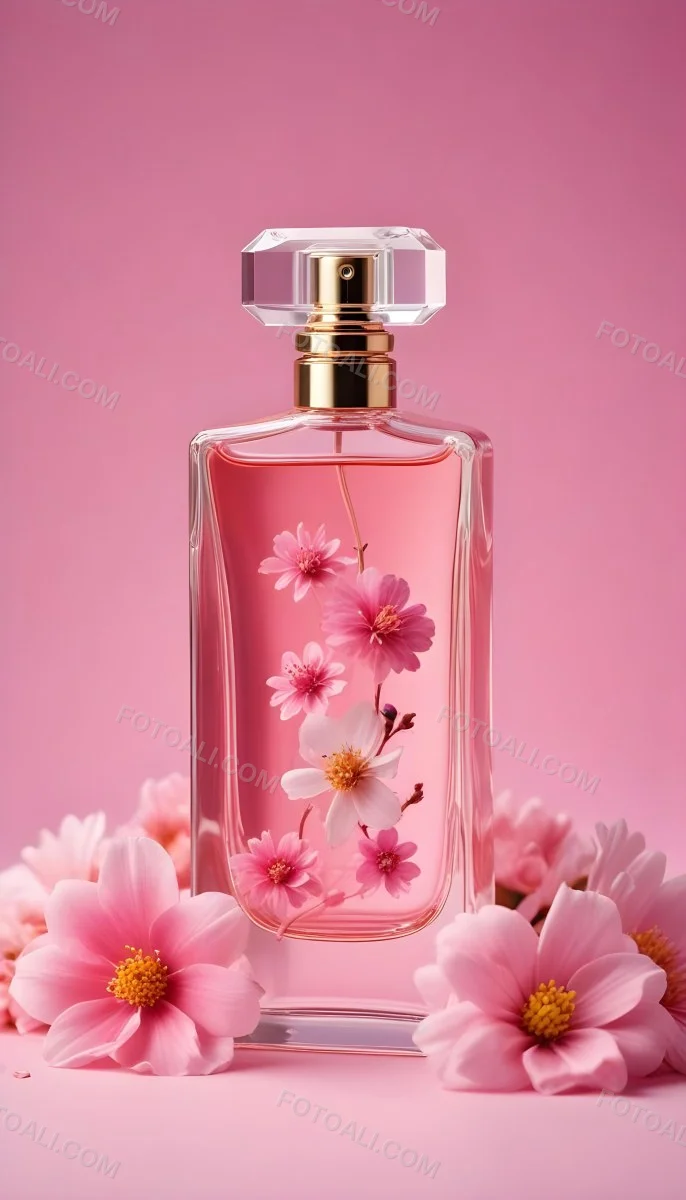 Perfume Bottle With Pink Liquid And Flowers Inside Pink Flowers Around The Bottle Pink Background 16 6b38