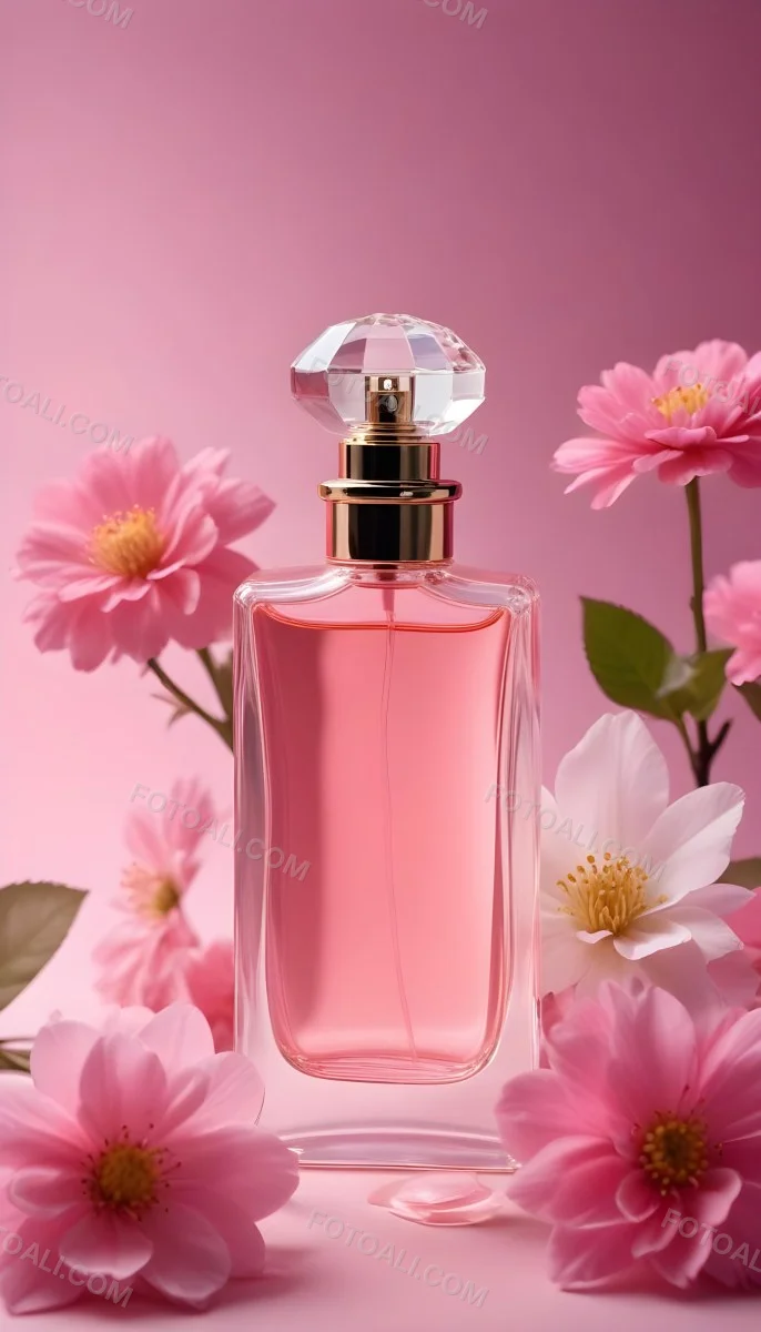 Perfume Bottle With Pink Liquid And Flowers Inside Pink Flowers Around The Bottle Pink Background 17 45b8