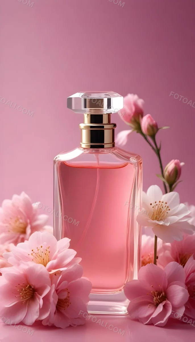 Perfume Bottle With Pink Liquid And Flowers Inside Pink Flowers Around The Bottle Pink Background 18 2445