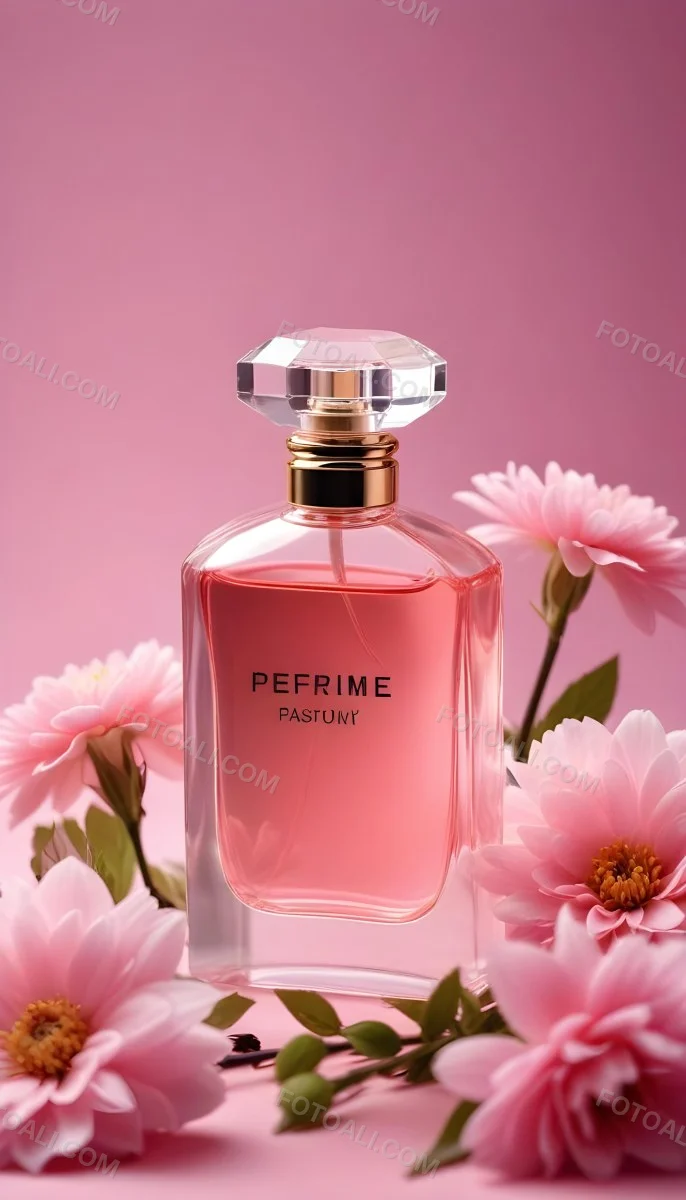 Perfume Bottle With Pink Liquid And Flowers Inside Pink Flowers Around The Bottle Pink Background 21 Af5d