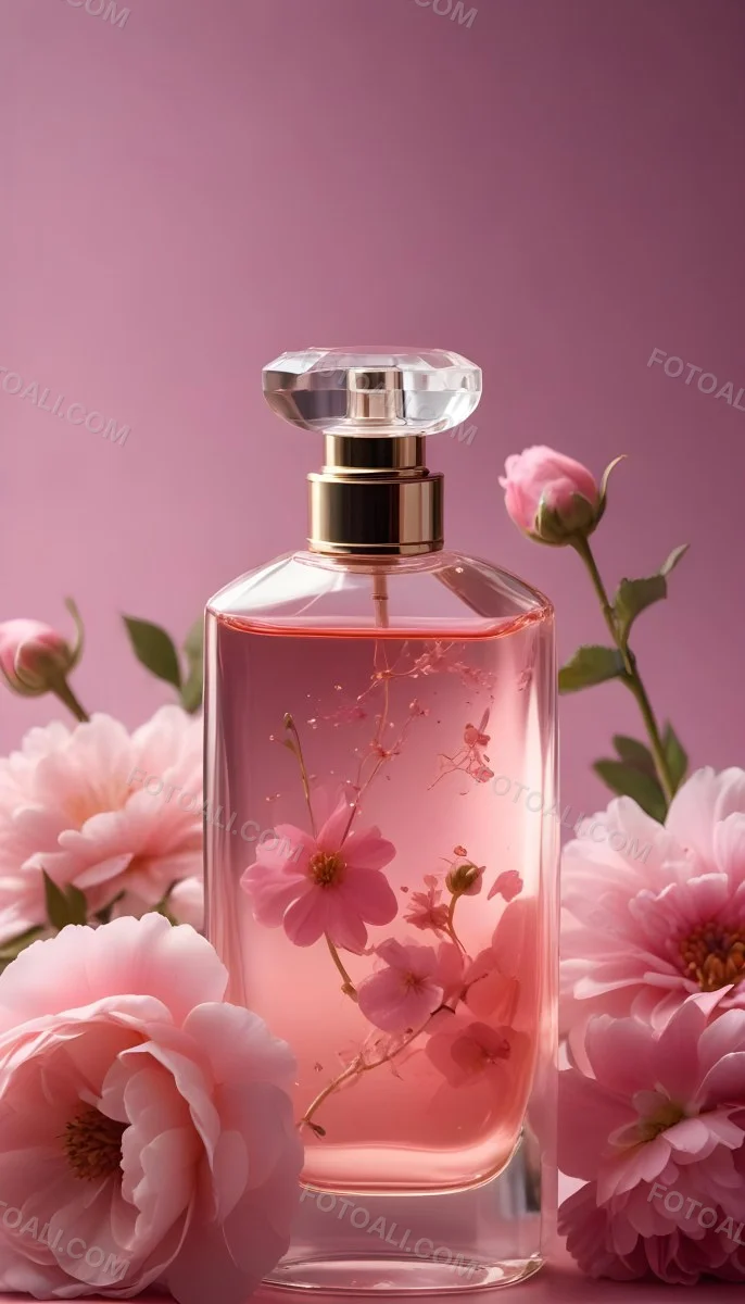 Perfume Bottle With Pink Liquid And Flowers Inside Pink Flowers Around The Bottle Pink Background 25 793f