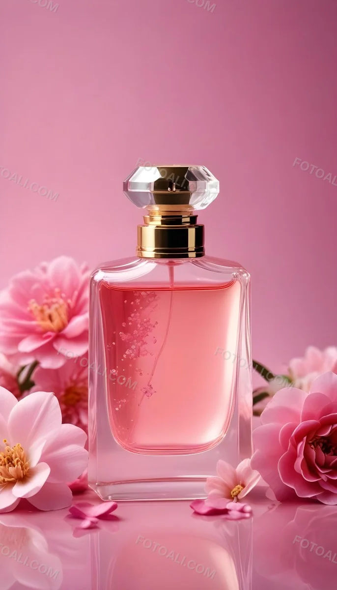 Perfume Bottle With Pink Liquid And Flowers Inside Pink Flowers Around The Bottle Pink Background 4 3a43